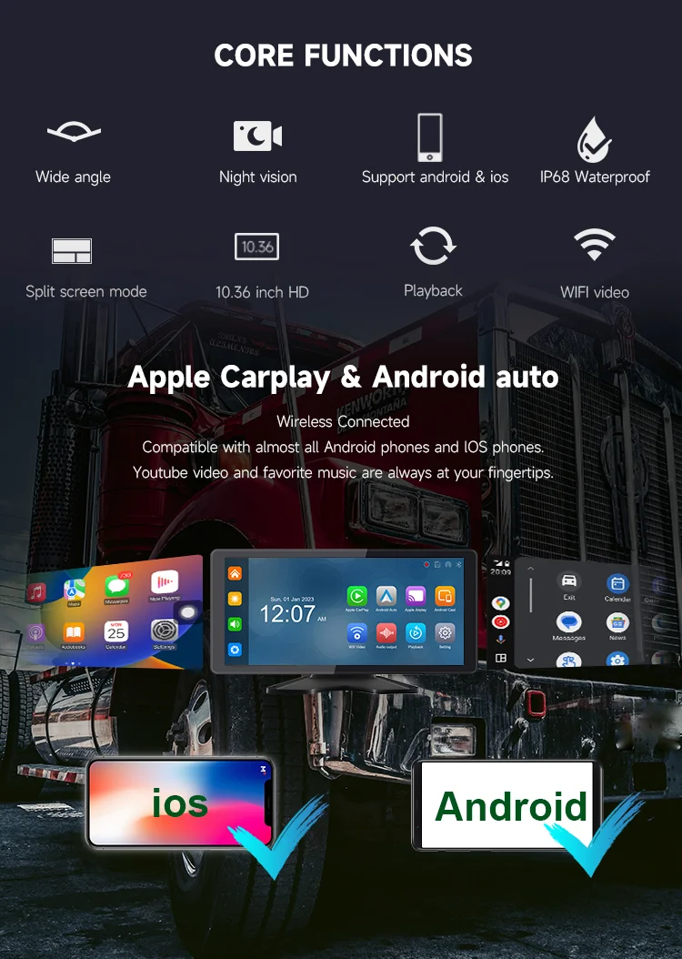 10.36 inch Portable Apple Carplay & Android Auto Wireless Car DVR