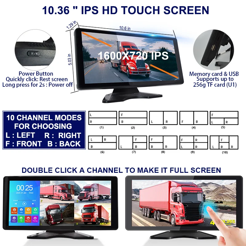10.36" Touch Monitor 4-Channel 1080P Backup Camera System with Bluetooth