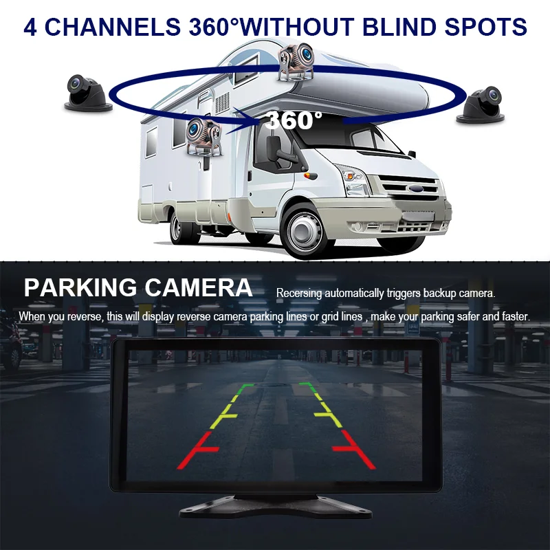10.36" Touch Monitor 4-Channel 1080P Backup Camera System with Bluetooth