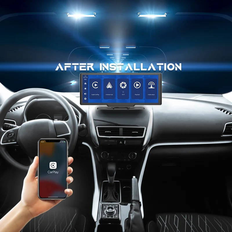 10.26" Wireless Carplay Car DVR wtih IPS Touch Screen 1080P Dual Camera