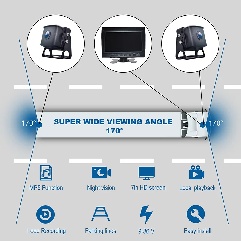 7" 2CH Backup Camera System with MP5, Loop Recording for Truck Van Bus
