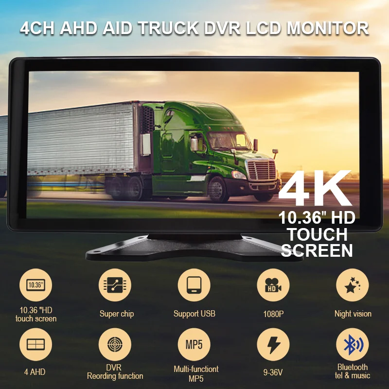 10.36" Touch Monitor 4-Channel 1080P Backup Camera System with Bluetooth